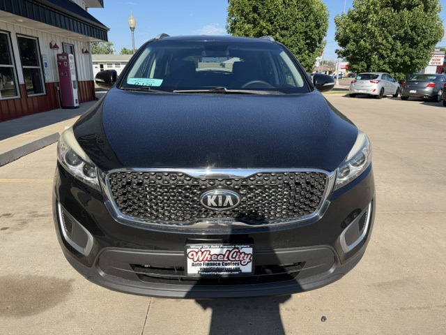 Front view of a black Kia SUV parked outside a dealership on a sunny day, displaying the distinctive grille and a Wheel City license plate frame.