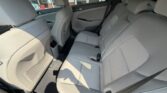 Back seat interior of a beige sedan with three seat cushions, headrests, and seat belts visible from the rear passenger side door.